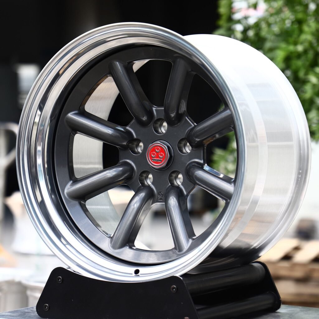 Tesla Model X wheels – 2-Piece Gunmetal 8-Spoke Polished Lip, angled view