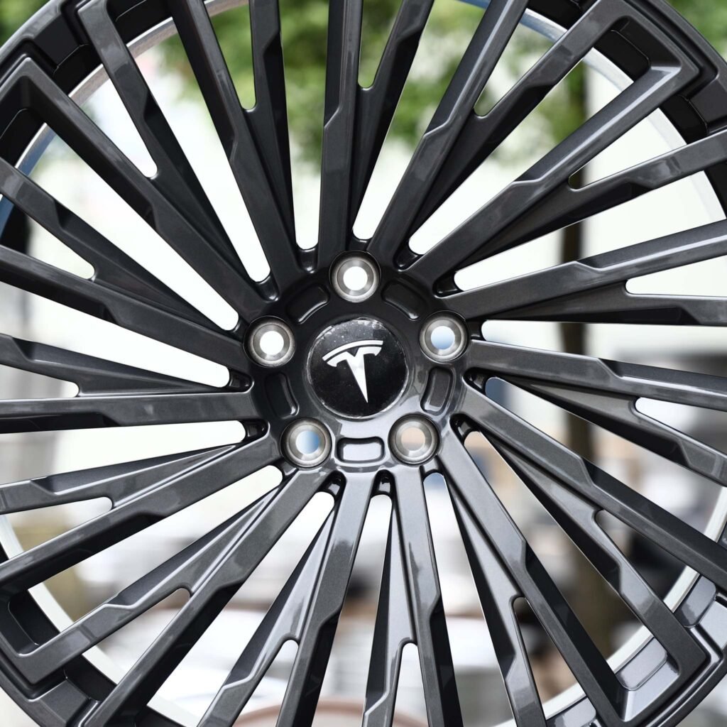 5x120 wheels – Gunmetal Twin Multi-Spoke (Tesla OEM-Style), side view