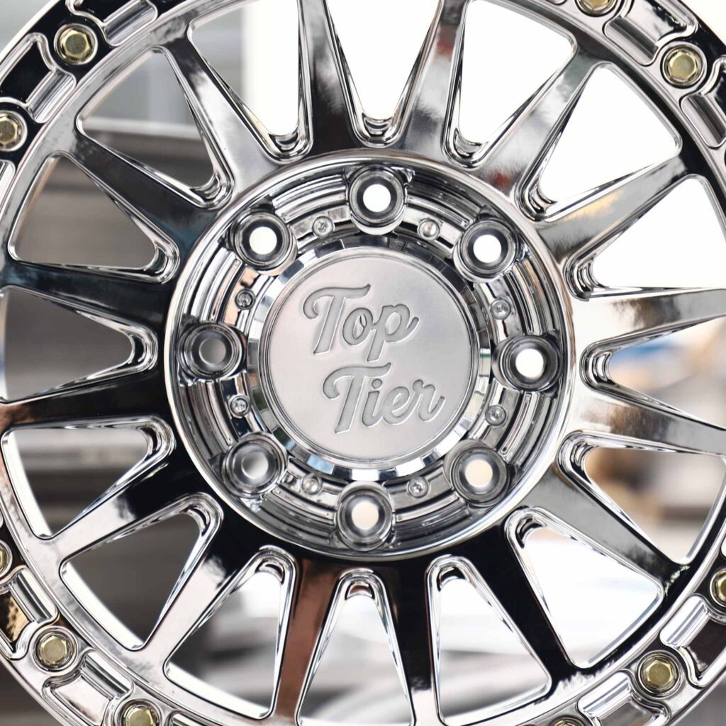 Ram 3500 wheels – Chrome Multi-Spoke Floating Bolt Lip (Top Tier-Style), lip and barrel detail