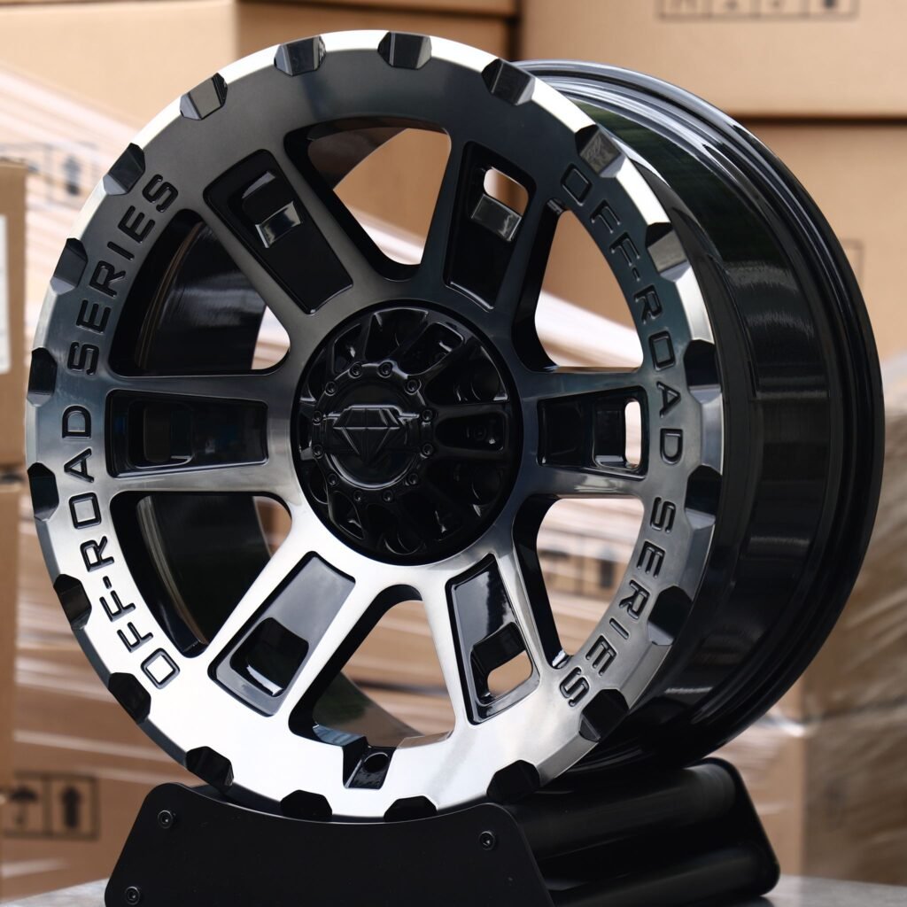 Toyota Tacoma wheels – Black / Machined Series Split-Spoke, angled view