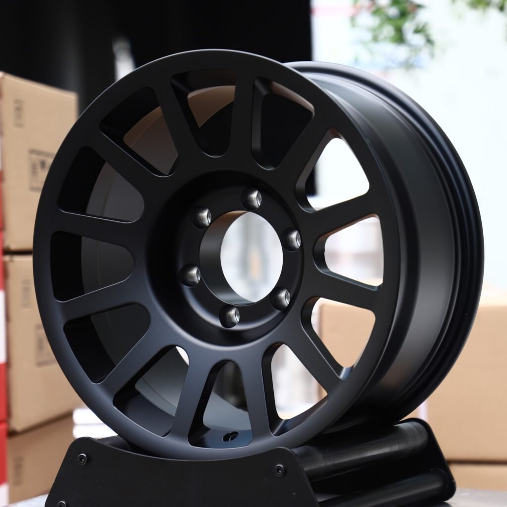 Toyota Tacoma wheels – Satin Black 12-Spoke Rally, angled view