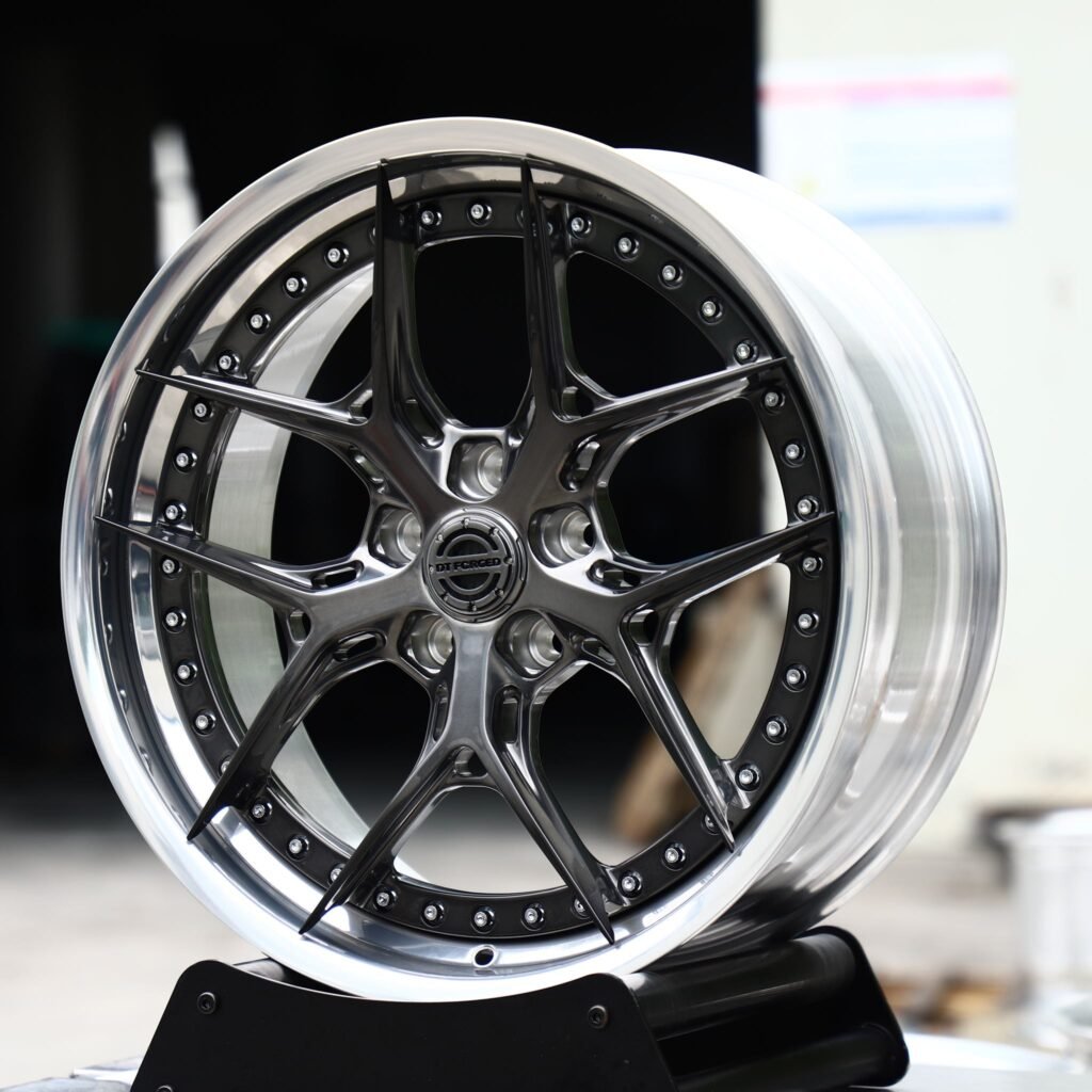 Honda Accord wheels – 2-Piece Gunmetal Y-Spoke Riveted Polished Lip, angled view