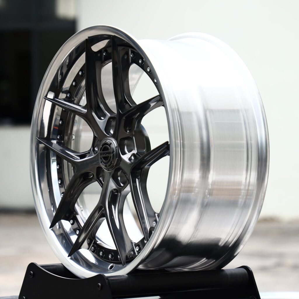 5x114.3 wheels – 2-Piece Gunmetal Y-Spoke Riveted Polished Lip, side view