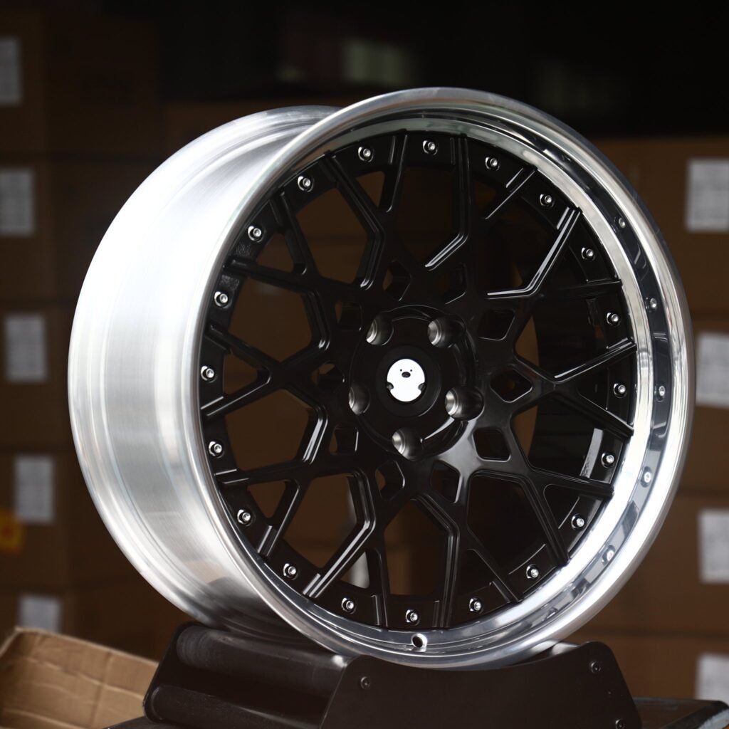 BMW M2 wheels – Gloss Black Y-Spoke Mesh 2-Piece Polished Deep Lip, angled view