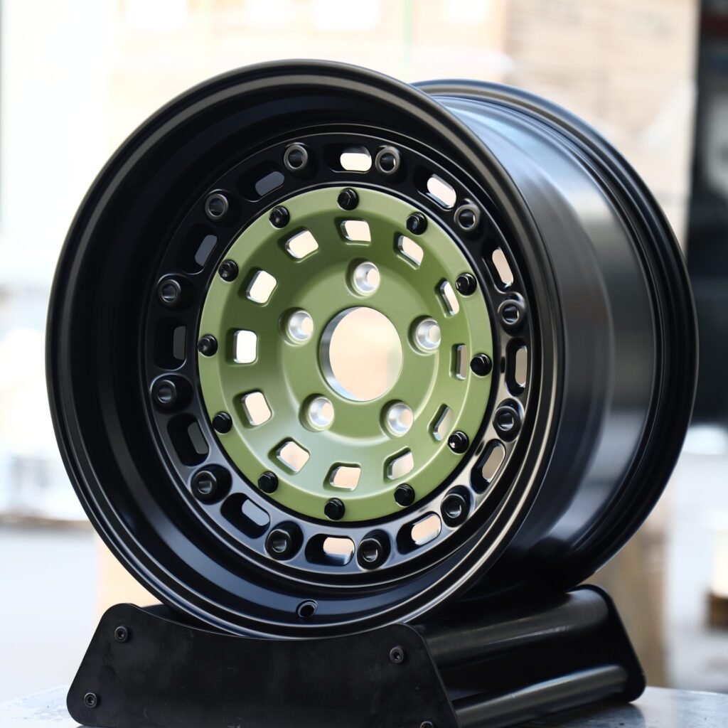 Toyota Land Cruiser wheels – Olive Green Slotted Disc Black Ring, front view