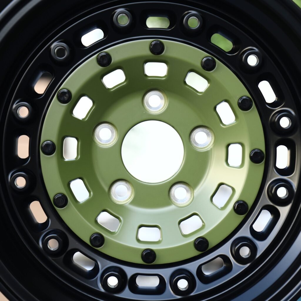5x150 wheels – Olive Green Slotted Disc Black Ring, side view