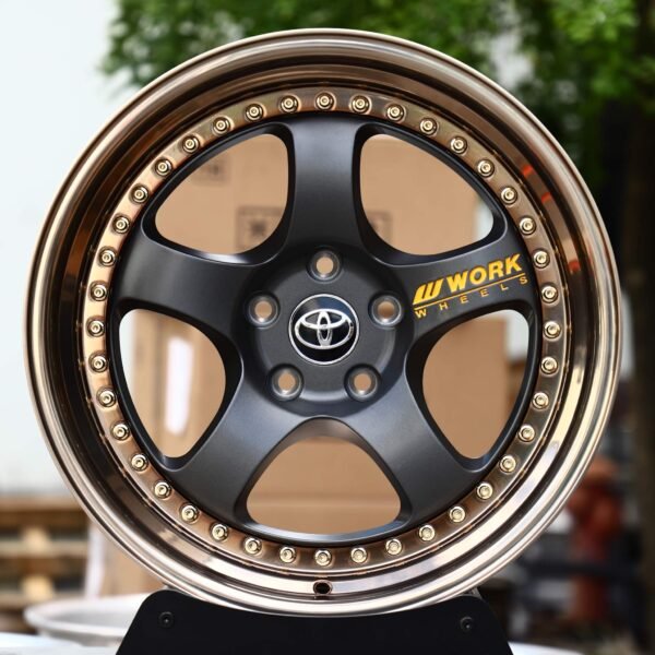 Toyota OEM-Style 2-Piece Satin Black 5-Spoke Gold Rivets Bronze Lip Forged Wheels – Toyota Supra / GR86 Fitment (5-Lug) 2-Piece forged wheel