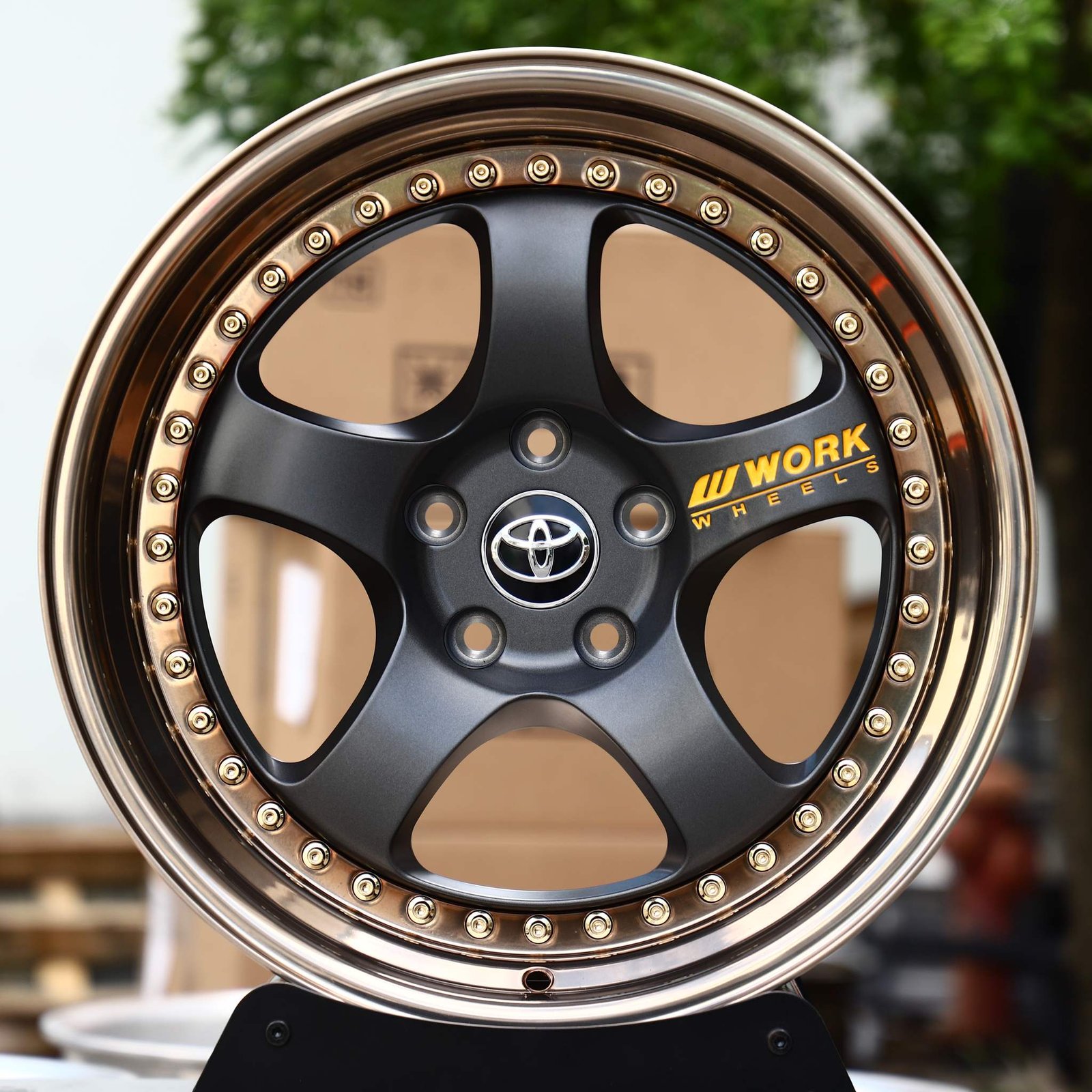 Toyota Supra wheels – 2-Piece Satin Black 5-Spoke Gold Rivets Bronze Lip (Toyota OEM-Style), front view