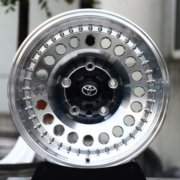 Toyota Land Cruiser wheels – Polished / Black Riveted Round-Hole Dish (Toyota OEM-Style), front view