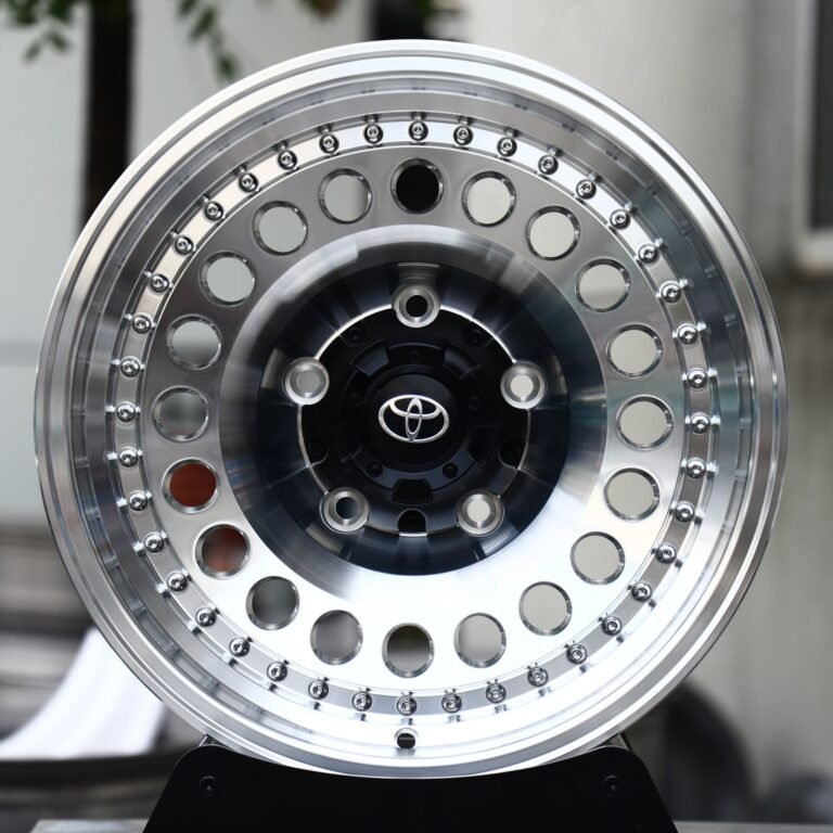 Toyota Land Cruiser wheels – Polished / Black Riveted Round-Hole Dish (Toyota OEM-Style), front view