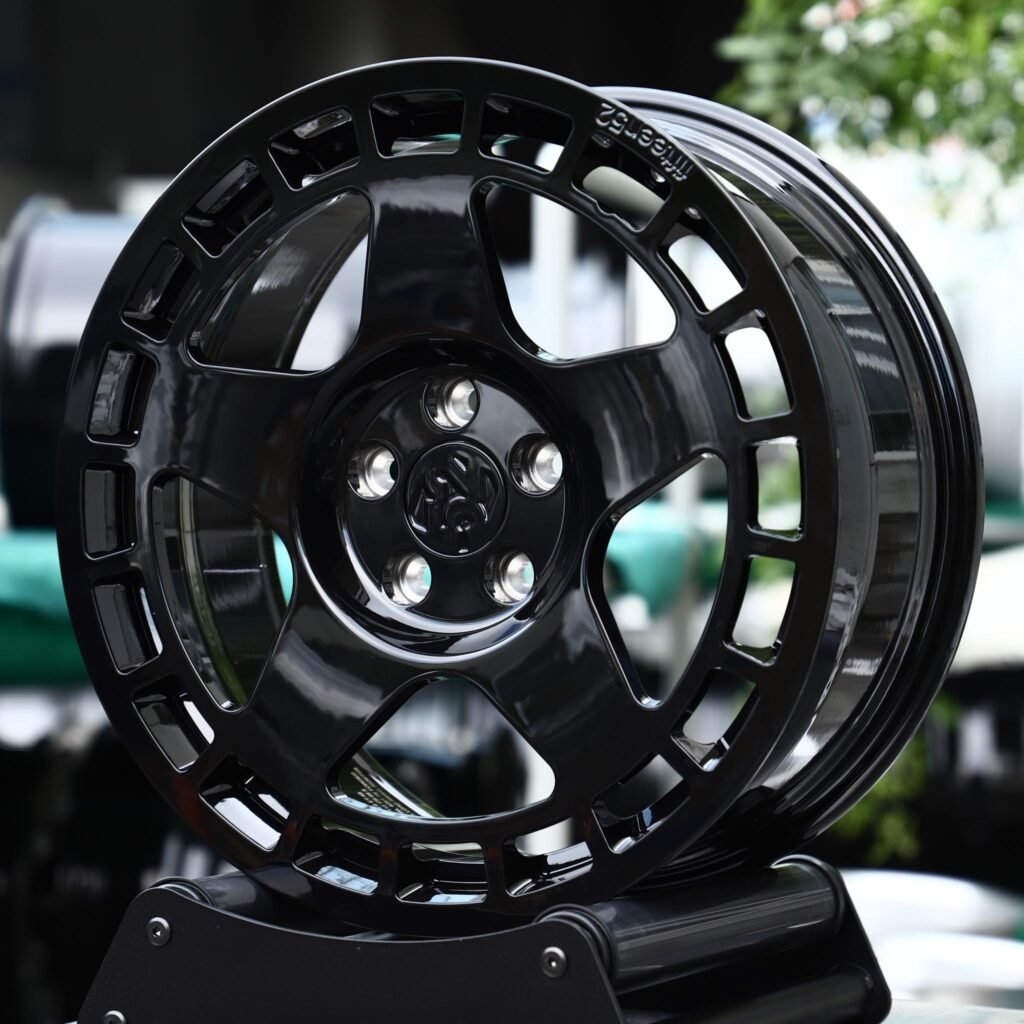 Nissan GT-R wheels – Gloss Black 5-Spoke Windowed Ring, angled view