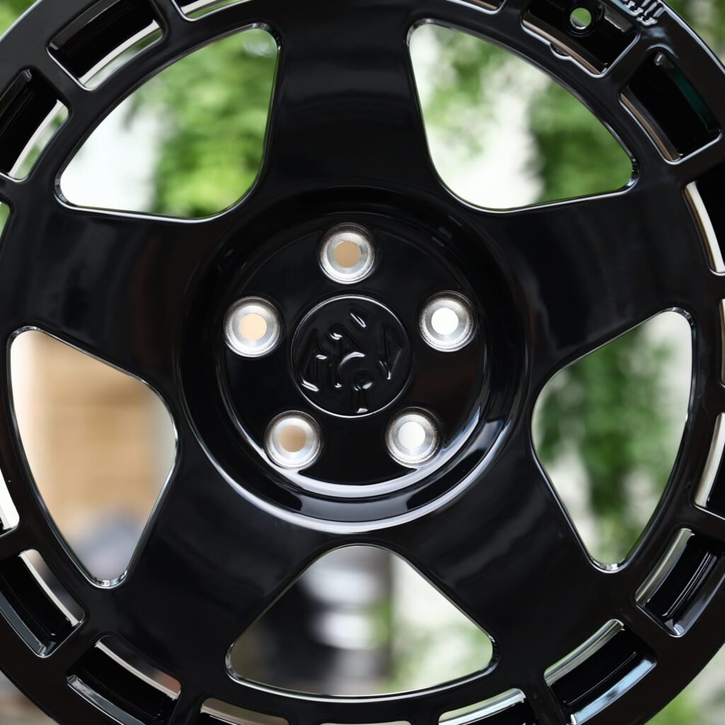 Tesla Model 3 wheels – Gloss Black 5-Spoke Windowed Ring, lip and barrel detail