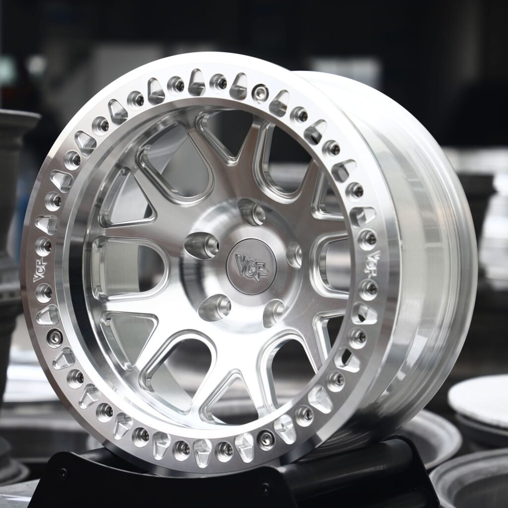 Dodge Challenger wheels – Brushed Silver Multi-Spoke Beadlock (VCR-Style), angled view