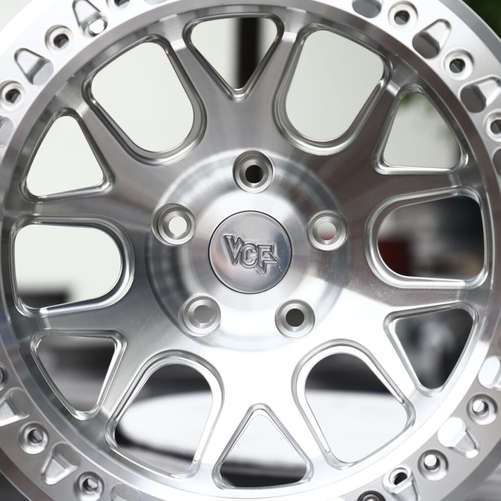 Tesla Model 3 wheels – Brushed Silver Multi-Spoke Beadlock (VCR-Style), lip and barrel detail