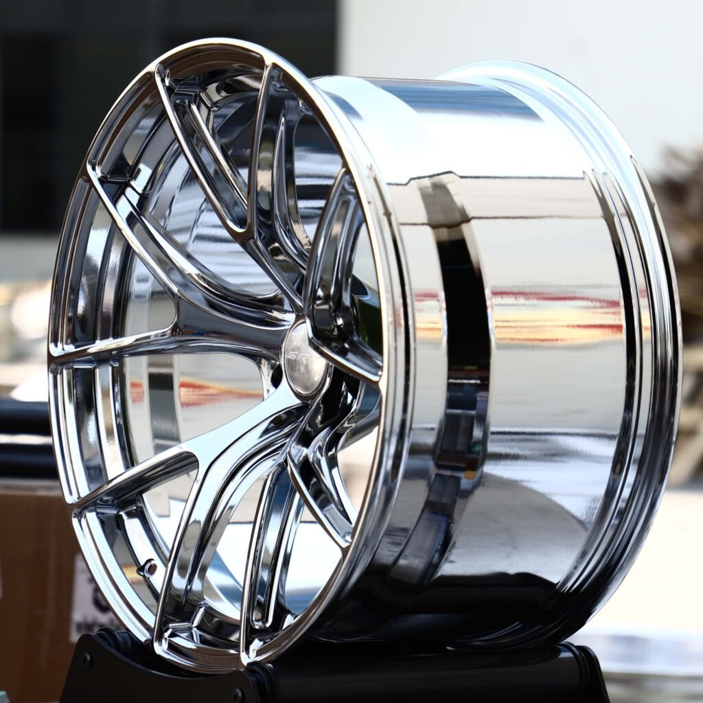 Audi S3 wheels – Chrome 5 Split Y-Spoke Concave, angled view
