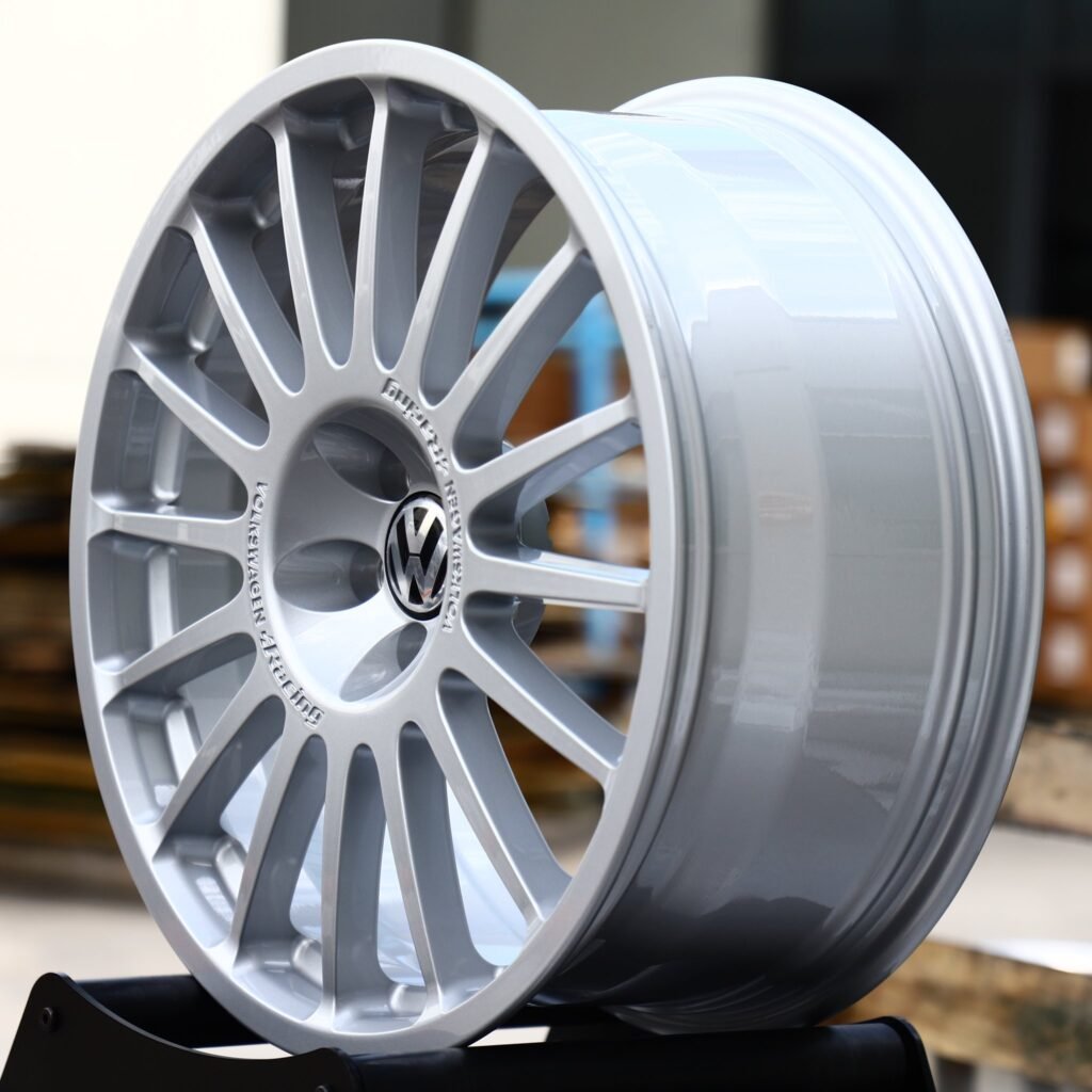 5x112 wheels – Bright Silver 16-Spoke (Volkswagen OEM-Style), side view