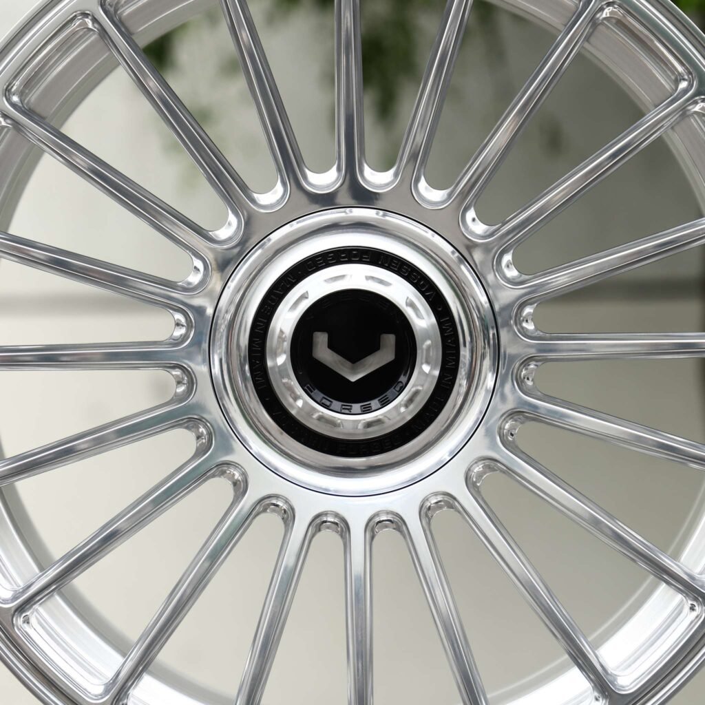 5x112 wheels – Polished 20-Spoke Floating Cap (Vossen-Style), side view