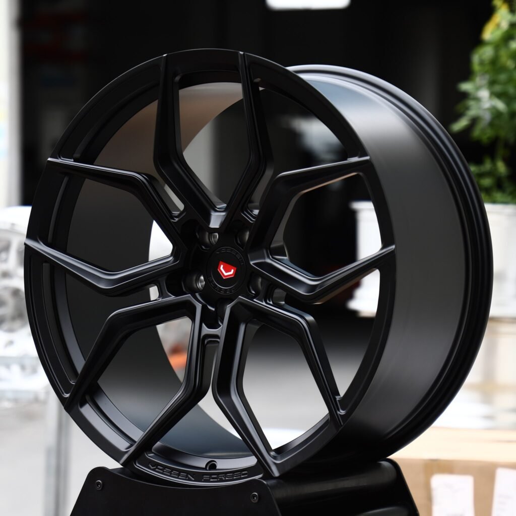 BMW 3 Series wheels – Satin Black 5 Split-Spoke (Vossen-Style), angled view