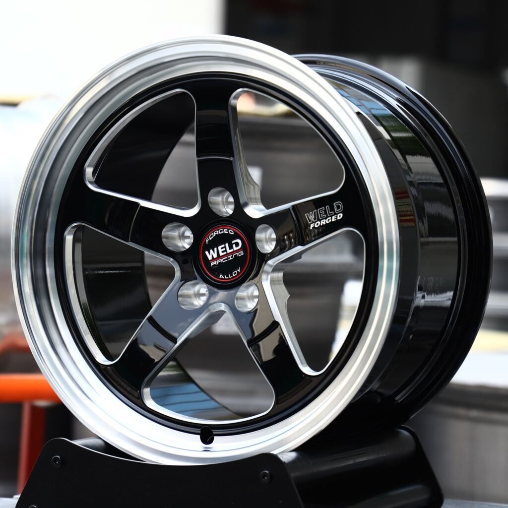 Weld Racing-Style S71 Machined Polished Lip 5-Spoke Forged Drag Racing Wheels – Ford Mustang GTD, angled view 2