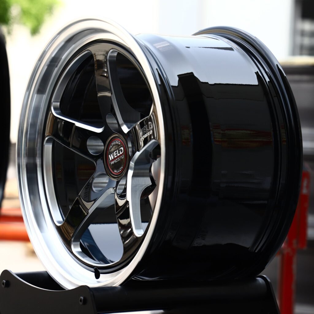 Weld Racing-Style S71 Machined Polished Lip 5-Spoke Forged Drag Racing Wheels – Ford Mustang GTD, 5x114.3 / 5x120 bolt pattern, side view 2