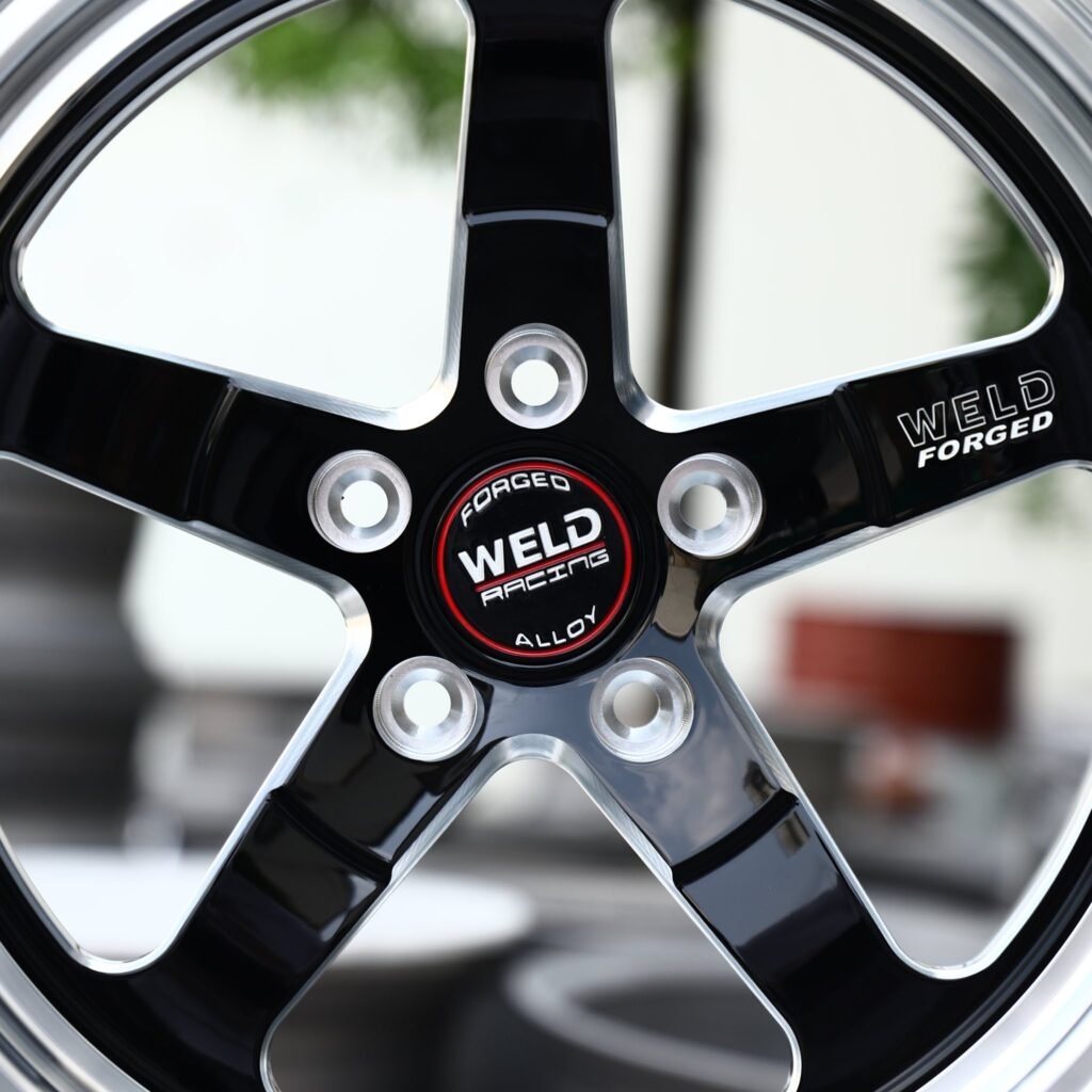 Weld Racing-Style S71 Machined Polished Lip 5-Spoke Forged Drag Racing Wheels – Ford Mustang GTD, 5x114.3 / 5x120 bolt pattern, lip and barrel detail 2