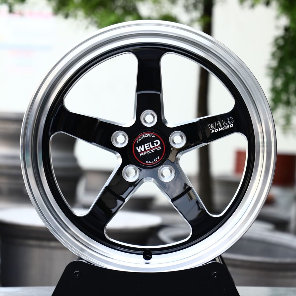 Weld Racing-Style S71 Machined Polished Lip 5-Spoke Forged Drag Racing Wheels – Ford Mustang GTD, front view 2