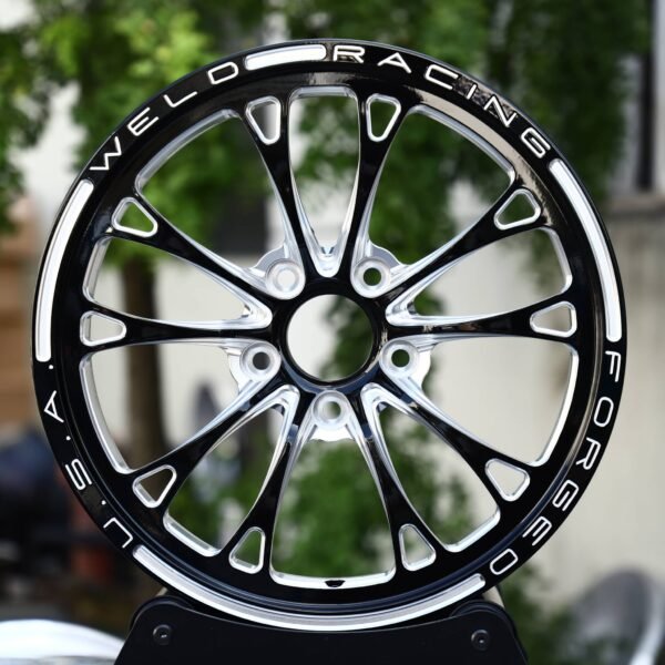 Chevrolet Corvette wheels – Black Machined 10-Spoke Lettered Lip (Weld Racing-Style), front view