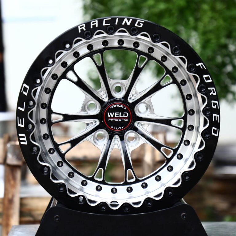 Ford Mustang wheels – Black Machined Beadlock 10-Spoke Riveted Ring (Weld Racing-Style), front view