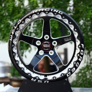 Weld Racing-Style Black Machined Beadlock Wavy-Ring 5-Spoke Forged Drag Racing Wheels – Chevrolet Corvette / Dodge Challenger Fitment (5-Lug)