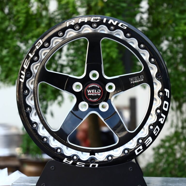 Chevrolet Corvette wheels – Black Machined Beadlock Wavy-Ring 5-Spoke (Weld Racing-Style), front view