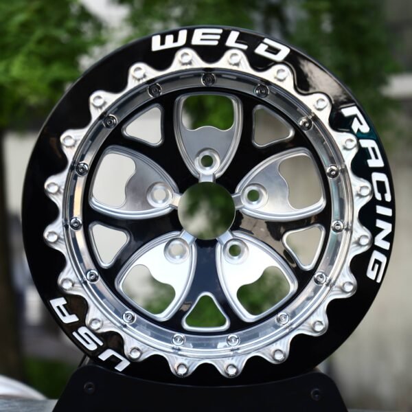 Ford Mustang wheels – Black Machined Beadlock Wavy-Ring 5-Spoke (Weld Racing-Style), front view