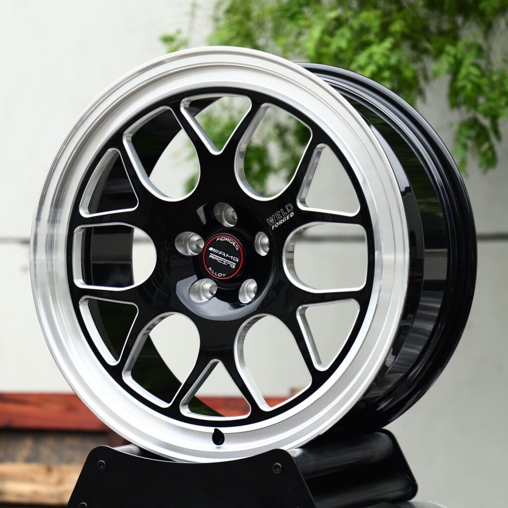 Dodge Challenger wheels – Black Machined Mesh Polished Deep Lip (Weld Racing-Style), angled view