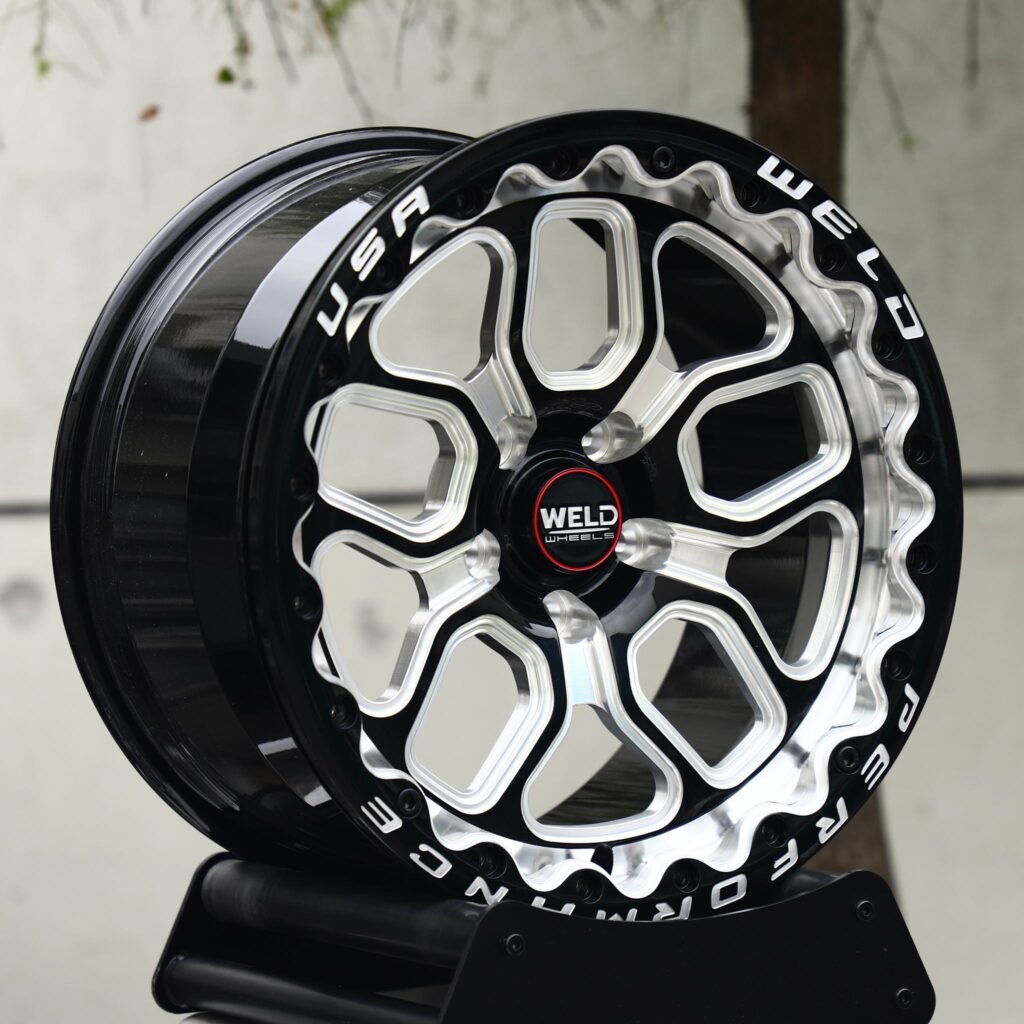 5x120 wheels – Black / Milled 5 Split-Spoke Beadlock (Weld Racing-Style), side view
