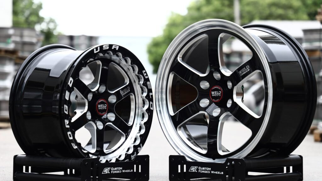 Toyota Tundra wheels – Gloss Black 5-Spoke Polished Lip (Weld Racing-Style), close-up view