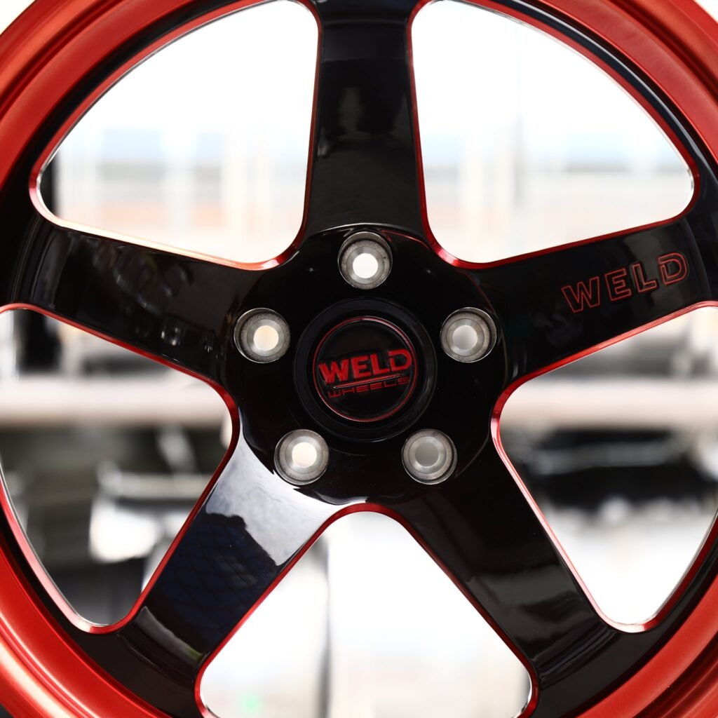 5x120 wheels – Gloss Black 5-Spoke Red Deep Lip (Weld Racing-Style), side view