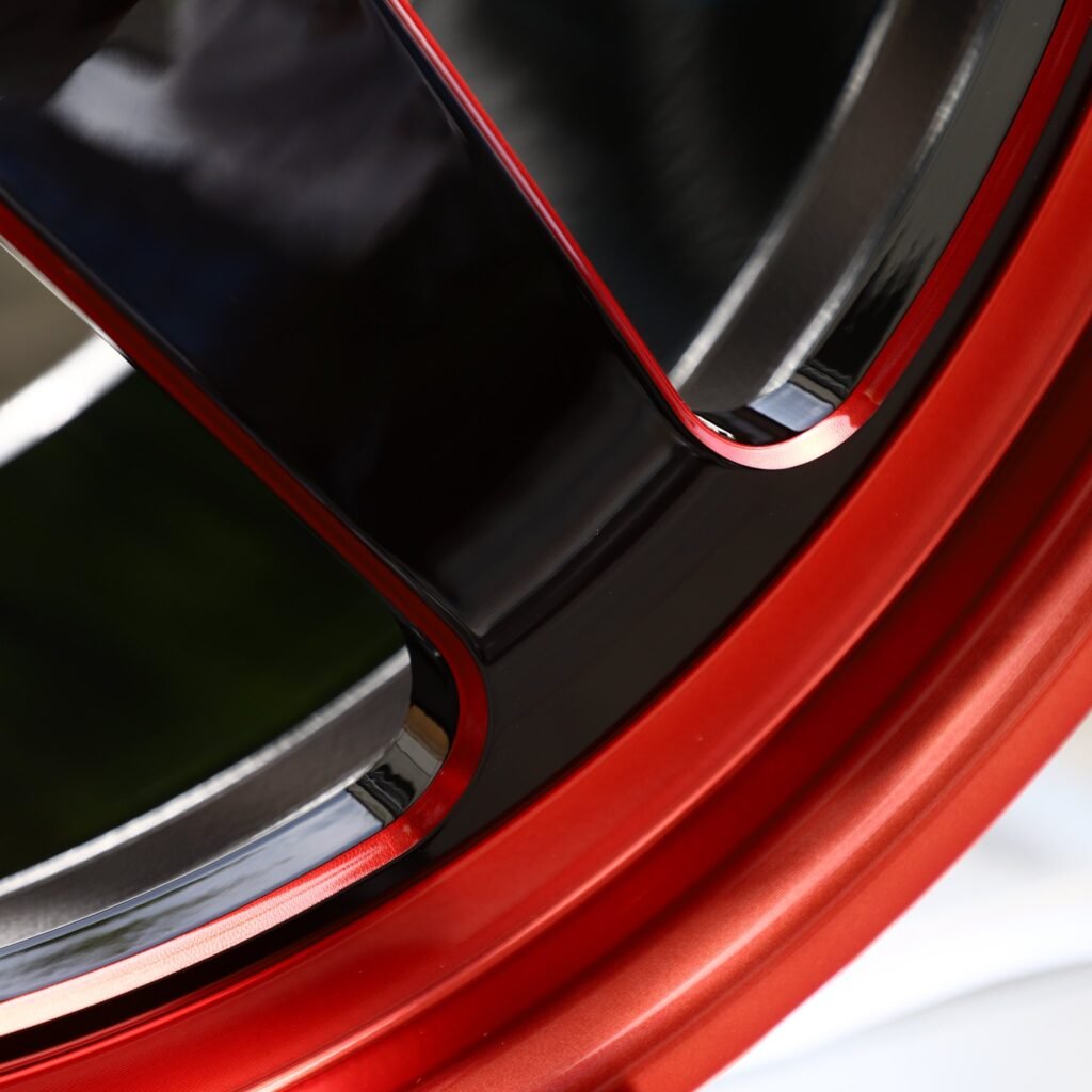 Dodge Charger wheels – Gloss Black 5-Spoke Red Deep Lip (Weld Racing-Style), lip and barrel detail