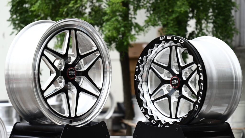 Toyota Tundra wheels – Gloss Black Milled Split-Spoke Star Polished Lip (Weld Racing-Style), rear view