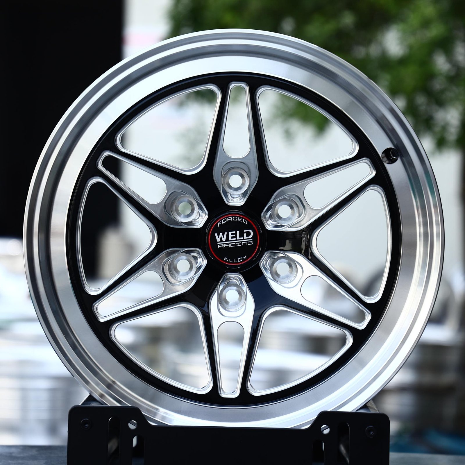 Toyota Tacoma wheels – Gloss Black Milled Twin-Spoke Star Polished Lip (Weld Racing-Style), front view