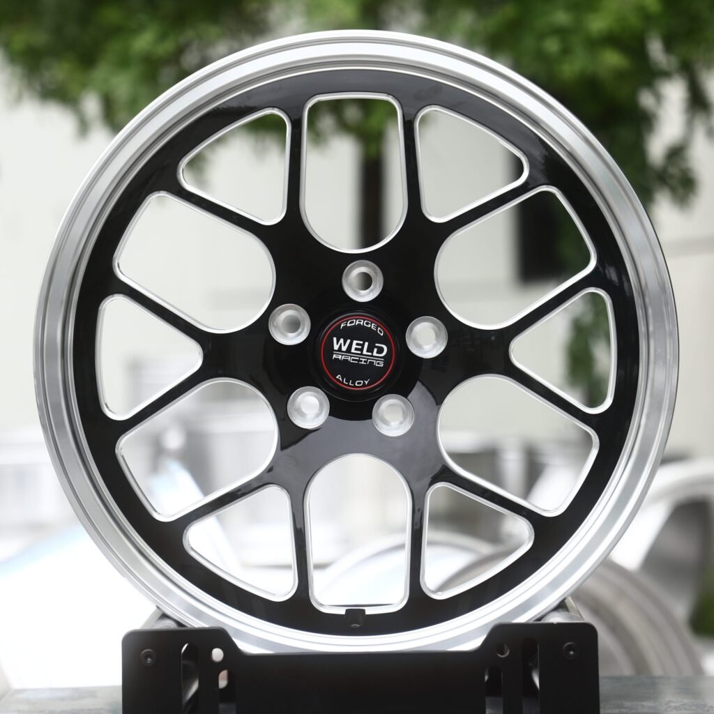 Dodge Challenger wheels – Gloss Black Milled Y-Mesh Polished Lip (Weld Racing-Style), front view