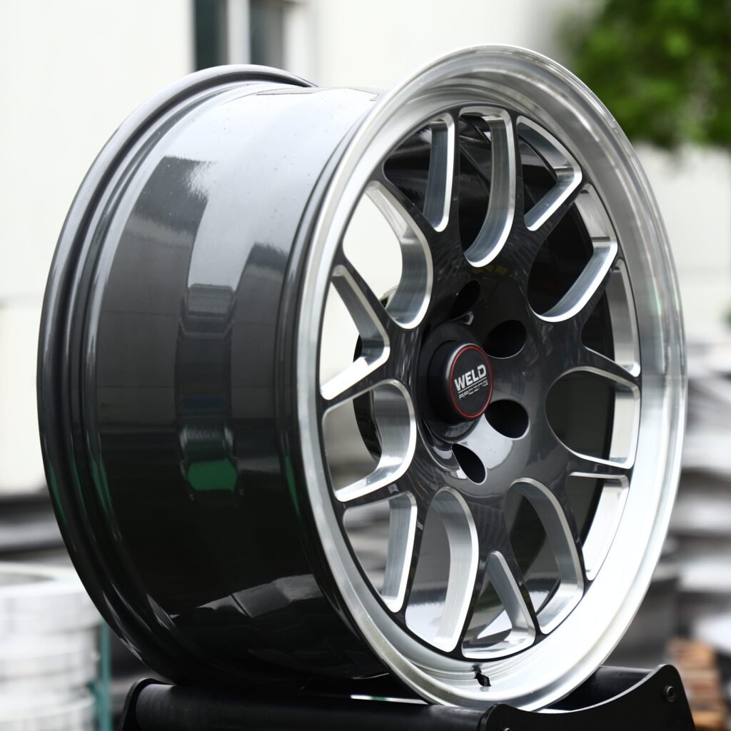 Ford F-150 wheels – Gunmetal Milled Y-Mesh Polished Lip (Weld Racing-Style), angled view