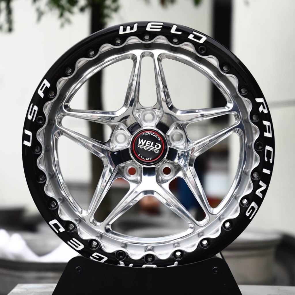 Ford Mustang wheels – Polished 5-Star Black Ring Beadlock (Weld Racing-Style), front view