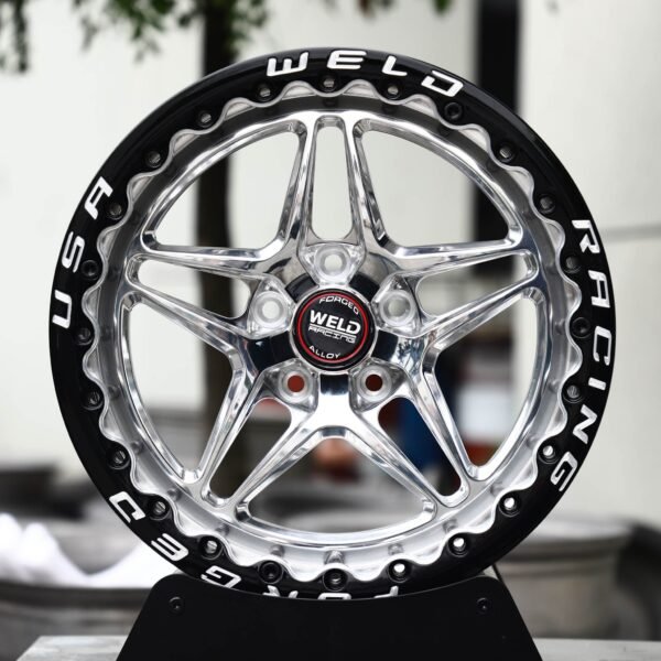 Ford Mustang wheels – Polished 5-Star Black Ring Beadlock (Weld Racing-Style), front view