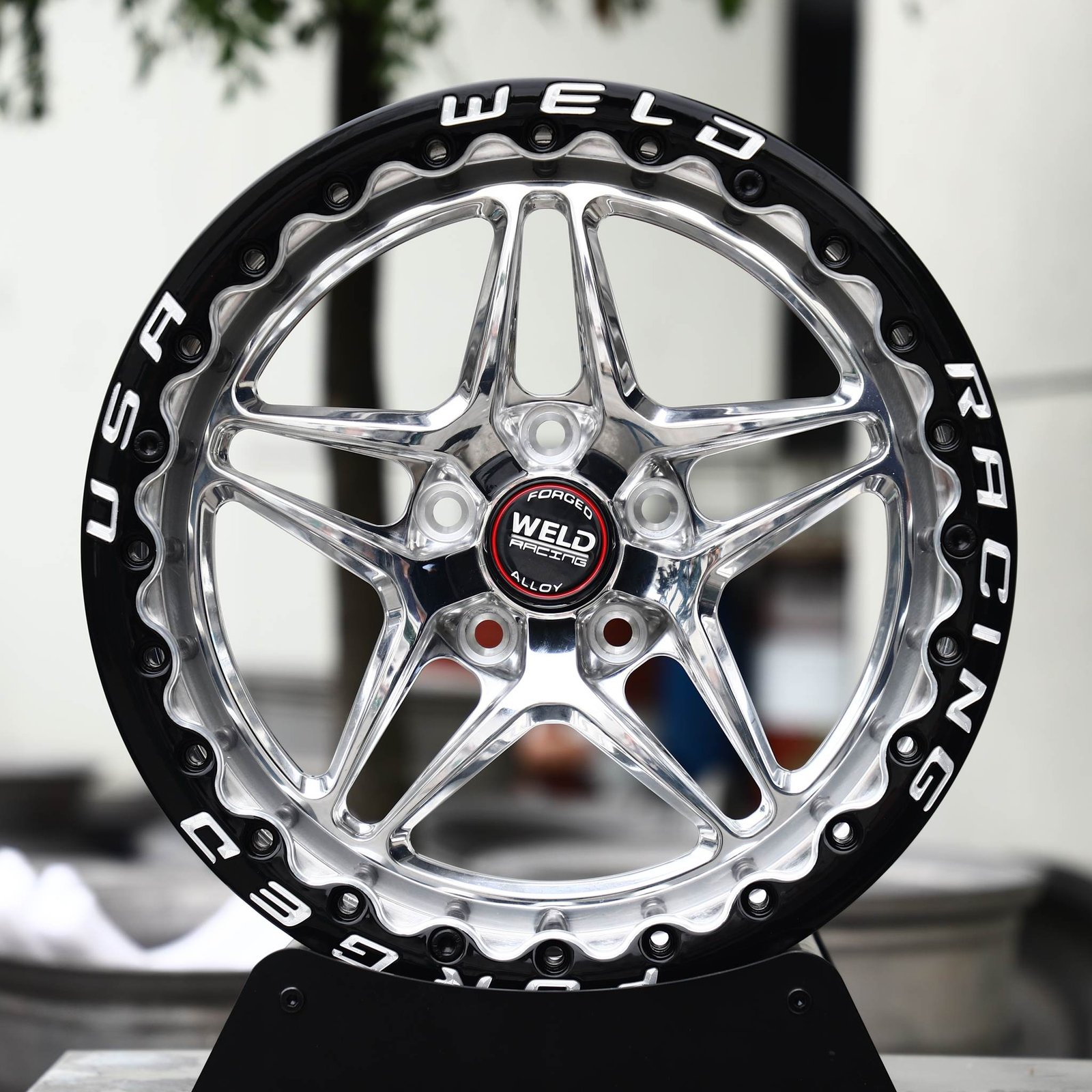 Ford Mustang wheels – Polished 5-Star Black Ring Beadlock (Weld Racing-Style), front view