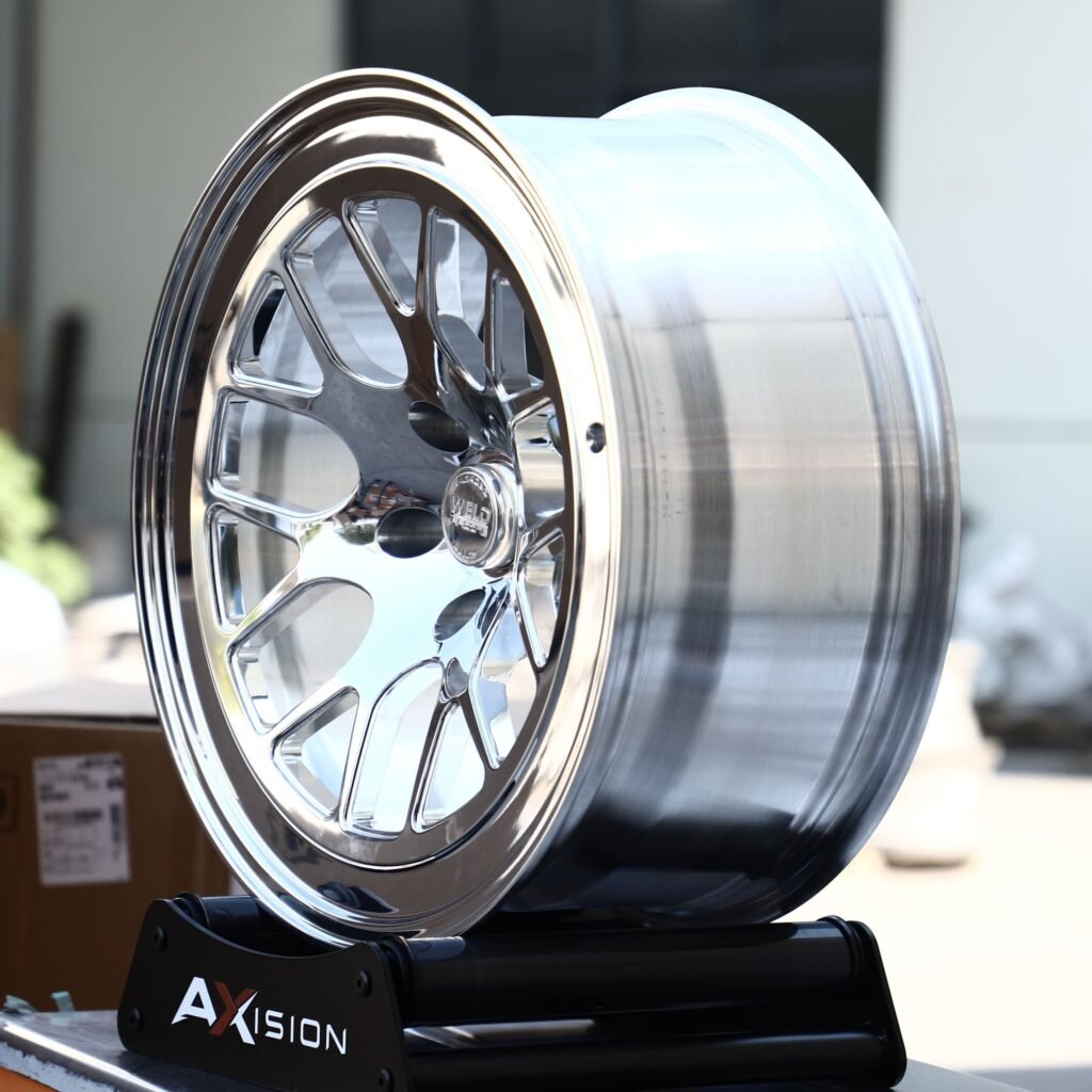 Dodge Challenger wheels – Polished Concave Mesh Deep Lip (Weld Racing-Style), angled view