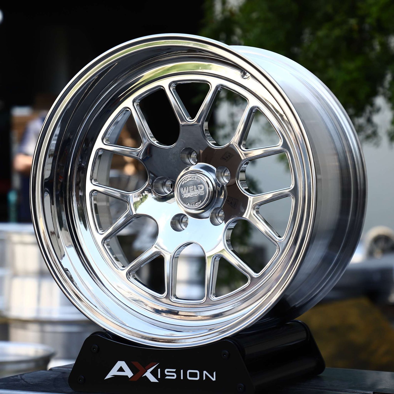 Ford Mustang wheels – Polished Mesh Deep Lip (Weld Racing-Style), front view