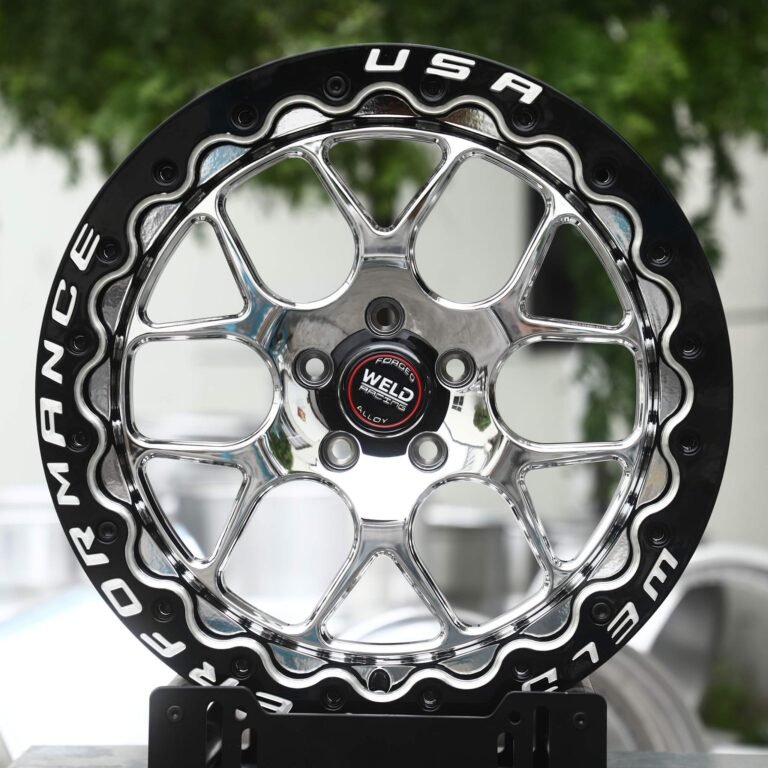 Ford Mustang wheels – Polished Y-Mesh Black Ring Beadlock (Weld Racing-Style), front view