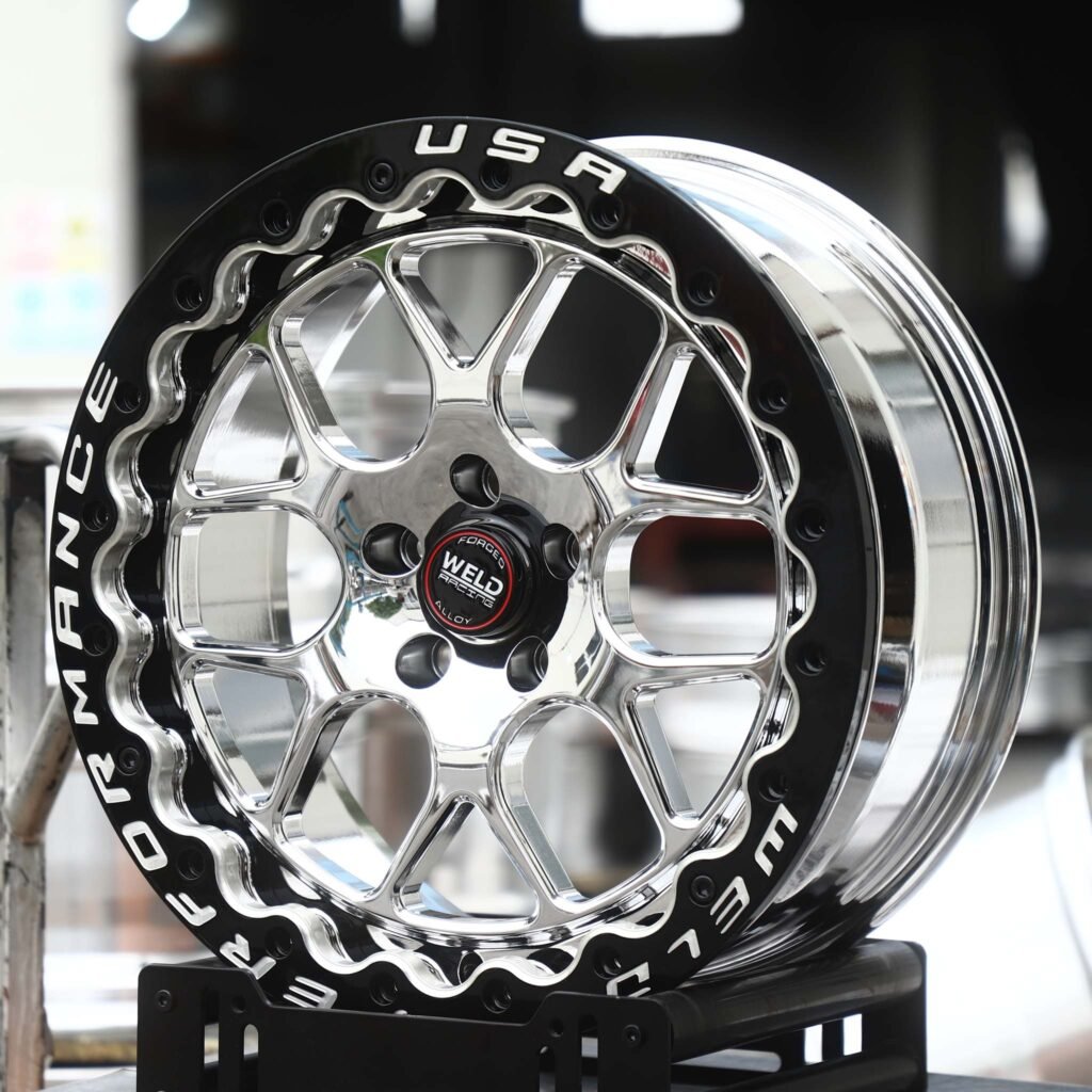 Chevrolet Corvette wheels – Polished Y-Mesh Black Ring Beadlock (Weld Racing-Style), angled view