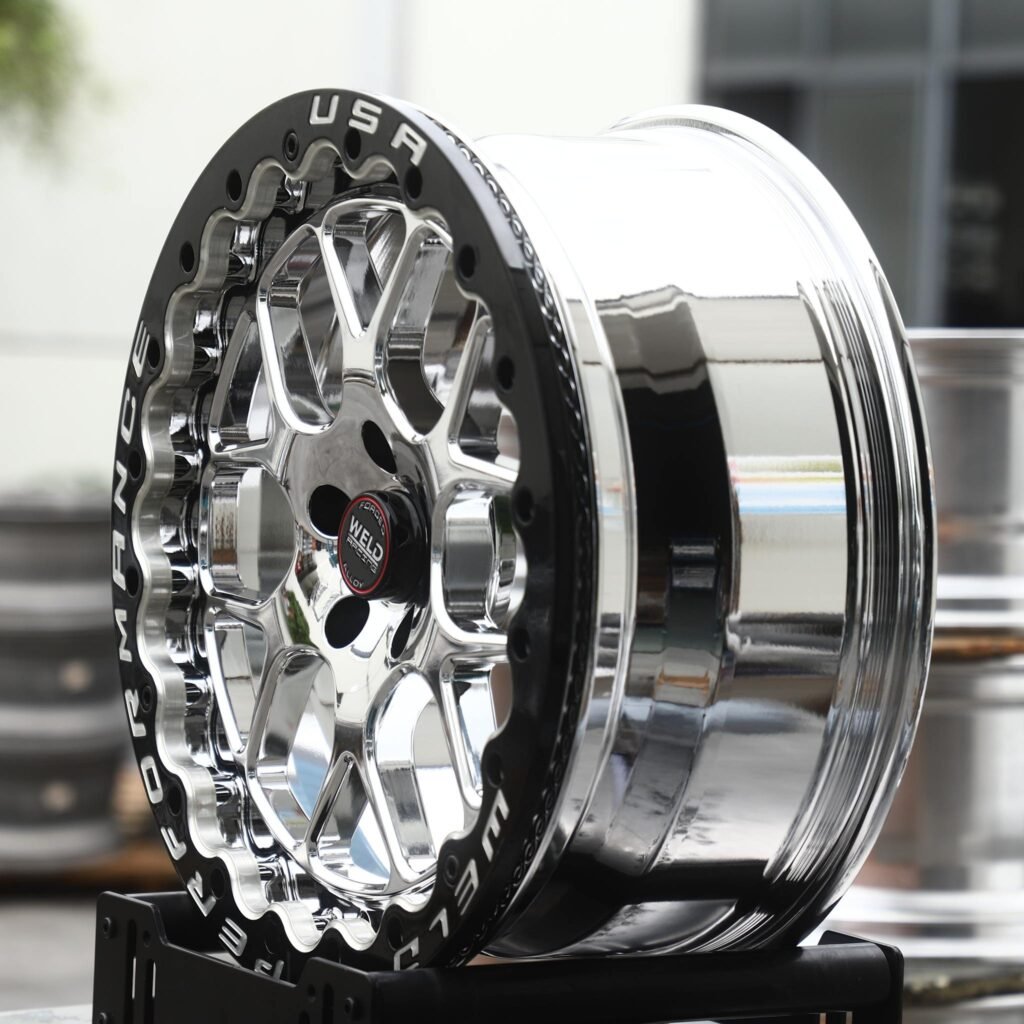 5x114.3 wheels – Polished Y-Mesh Black Ring Beadlock (Weld Racing-Style), side view