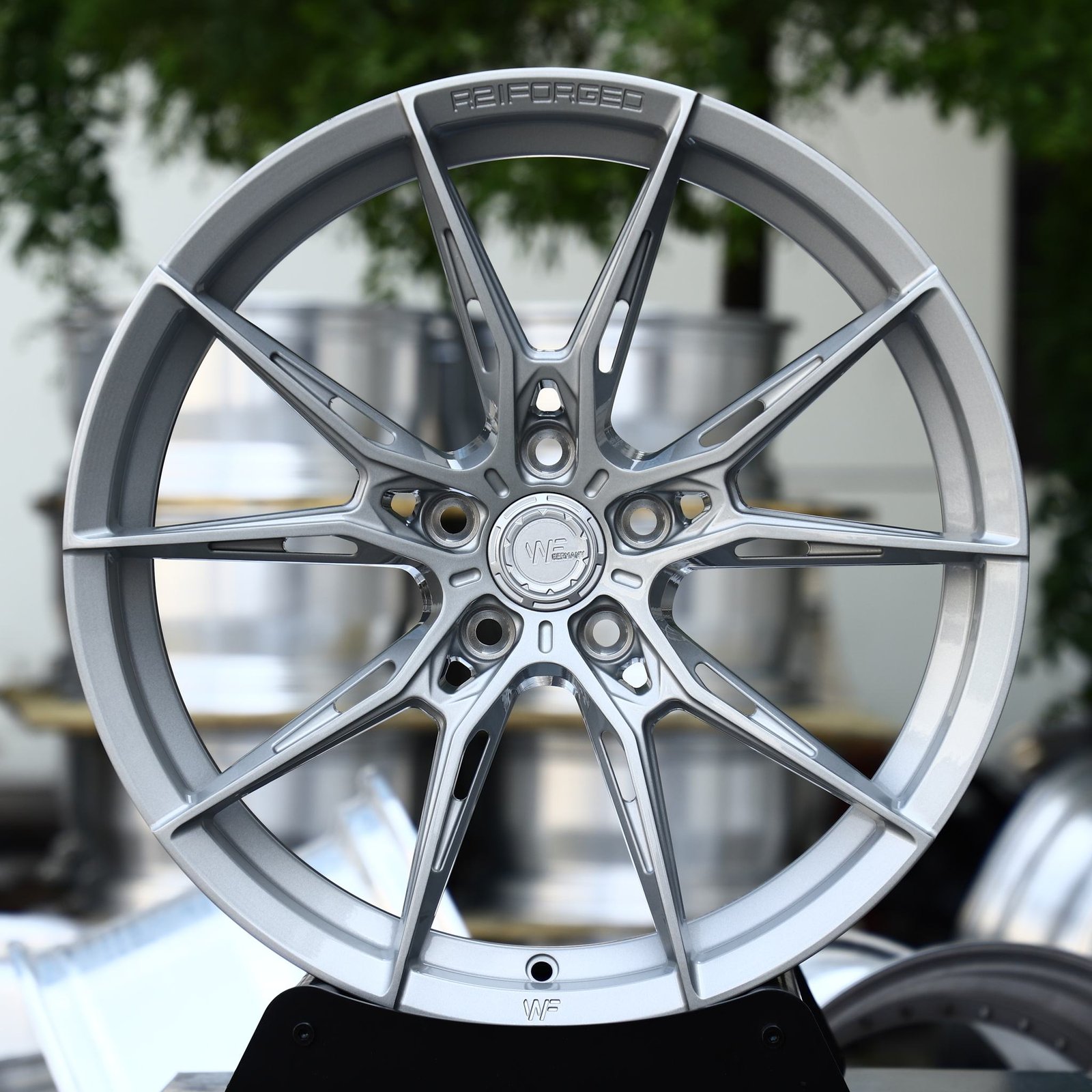 Nissan 370Z wheels – Matte Silver 10-Spoke Star (Wheelforce-Style), front view