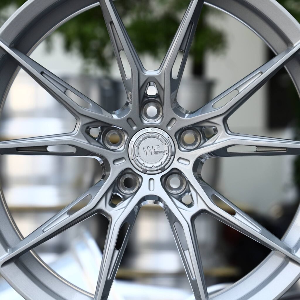 Tesla Model 3 wheels – Matte Silver 10-Spoke Star (Wheelforce-Style), lip and barrel detail